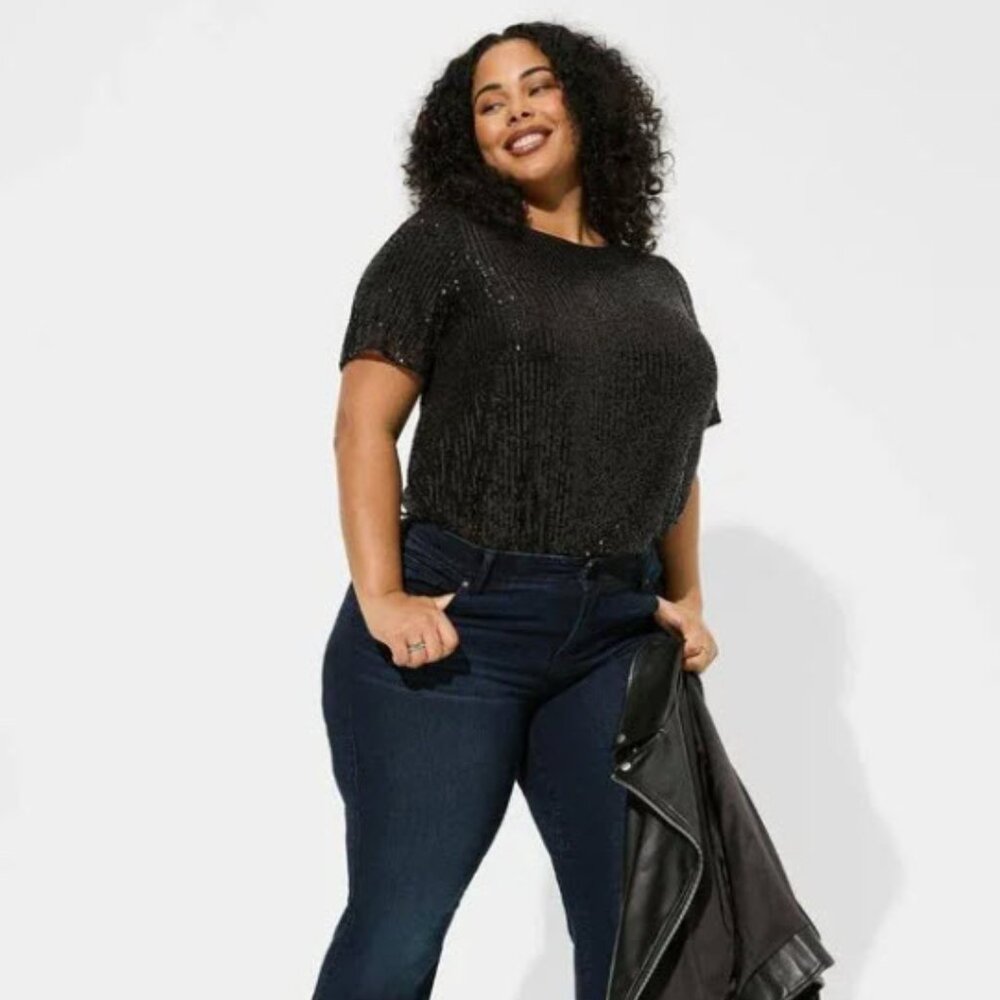 Torrid Abbey Short Sleeve Sequin Top, Black, Size 4(4X/26)